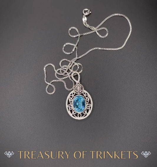 ICED OUT Blue Oval Cut Gemstone CZ Pendant Necklace