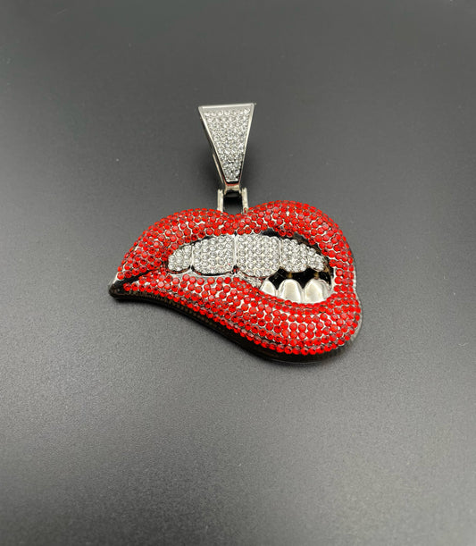 Red Lip Silver Diamond Pendant Necklace