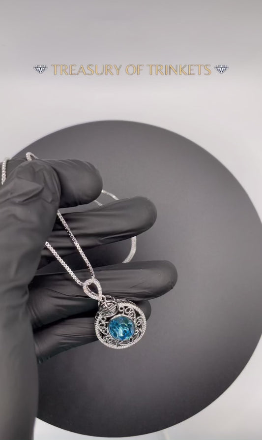 ICED OUT Blue Oval Cut Gemstone CZ Pendant Necklace